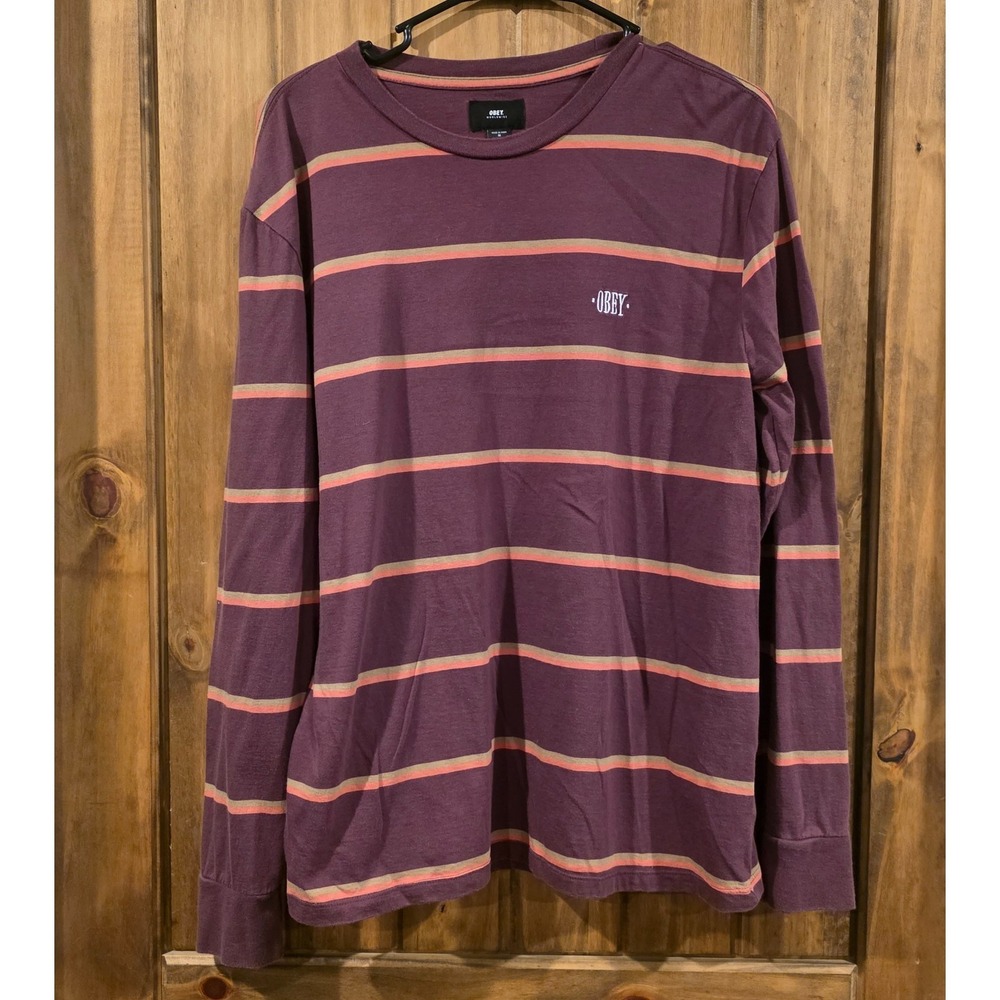 Obey Worldwide T-Shirt Mens Size M Purple Striped Long Sleeve Crew Neck